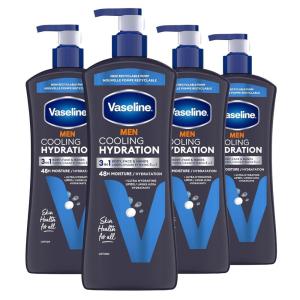 imageVaseline Men Cooling Hydration 3in1 4 Pack for Dry Skin Face Hands ampamp Body Lotion for Men with Menthol ampamp UltraHydrating Lipids 203 ozFragranced